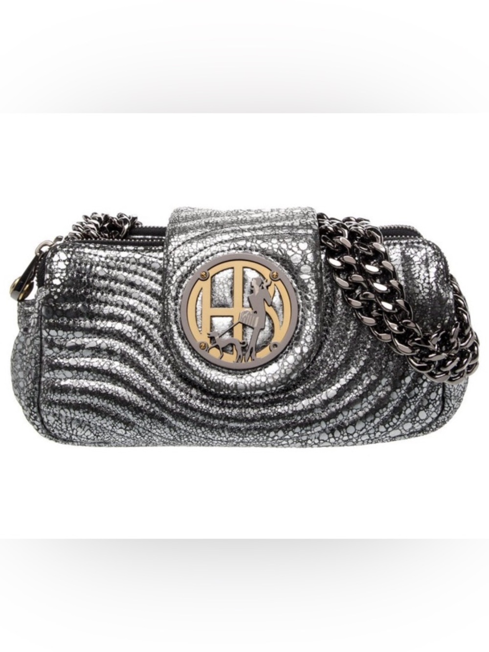 Rare Henri Bendel Metallic Silver Leather Chain Shoulder Bag wGunmetal hardware!